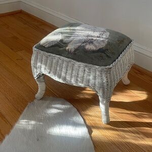 White rattan needlepoint cat footstool. Vintage